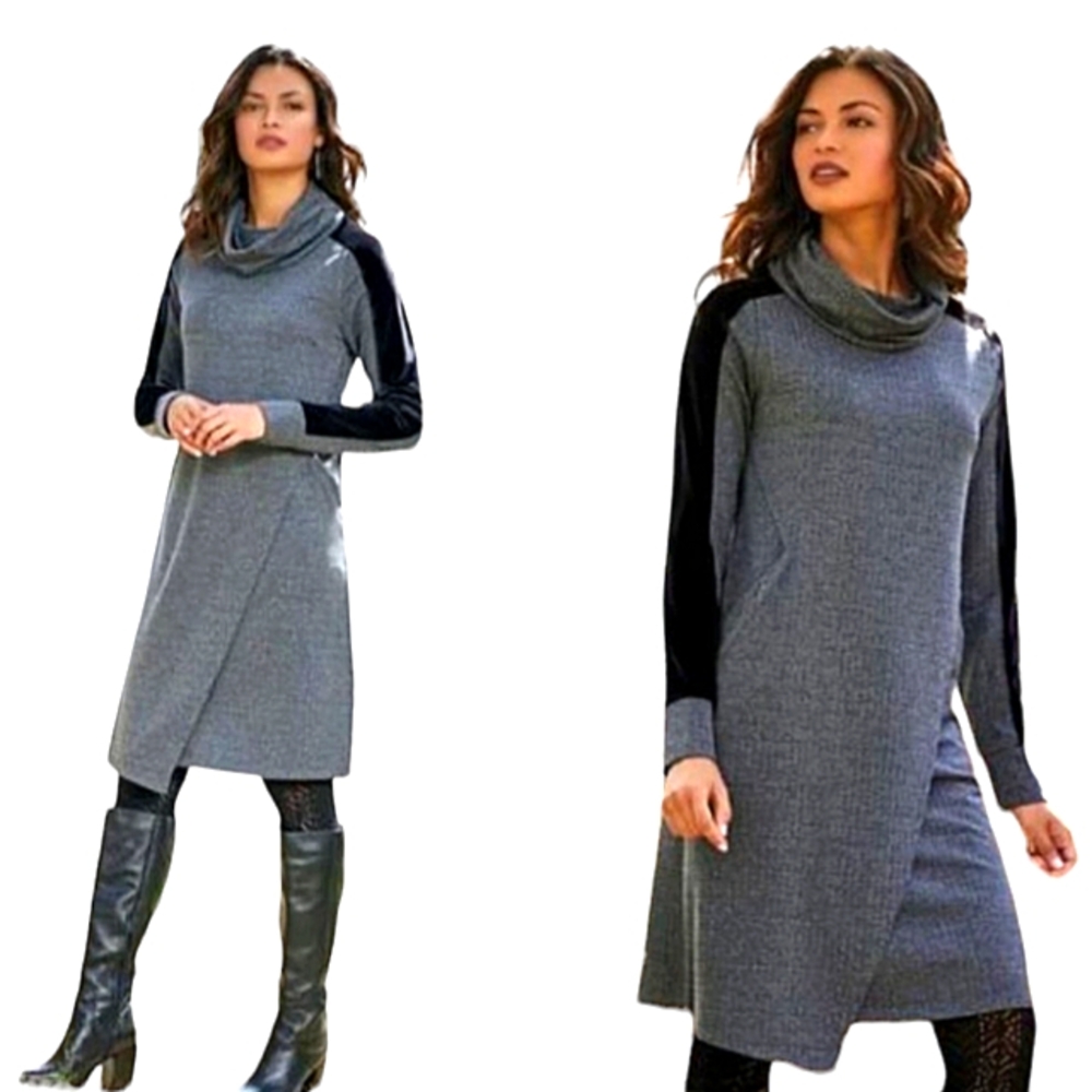 Soft Surroundings Stretch Knit Tweed Velvet Trim Cowl Neck Dress Women's Sz Med
